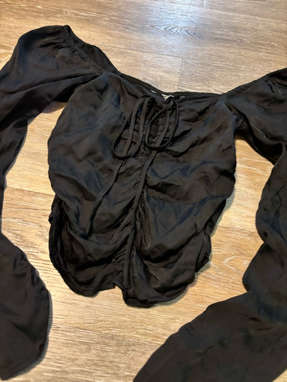 Black Sheer Ruched Tie-Front Blouse